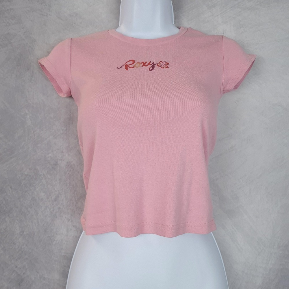 Roxy Y2K Top Girls Medium Pink Aloha Hawaiian Surf Hibiscus Baby Tee 2000s